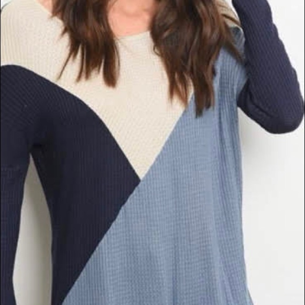 Navy/Light Blue/Cream Color Block Waffle Knit Top